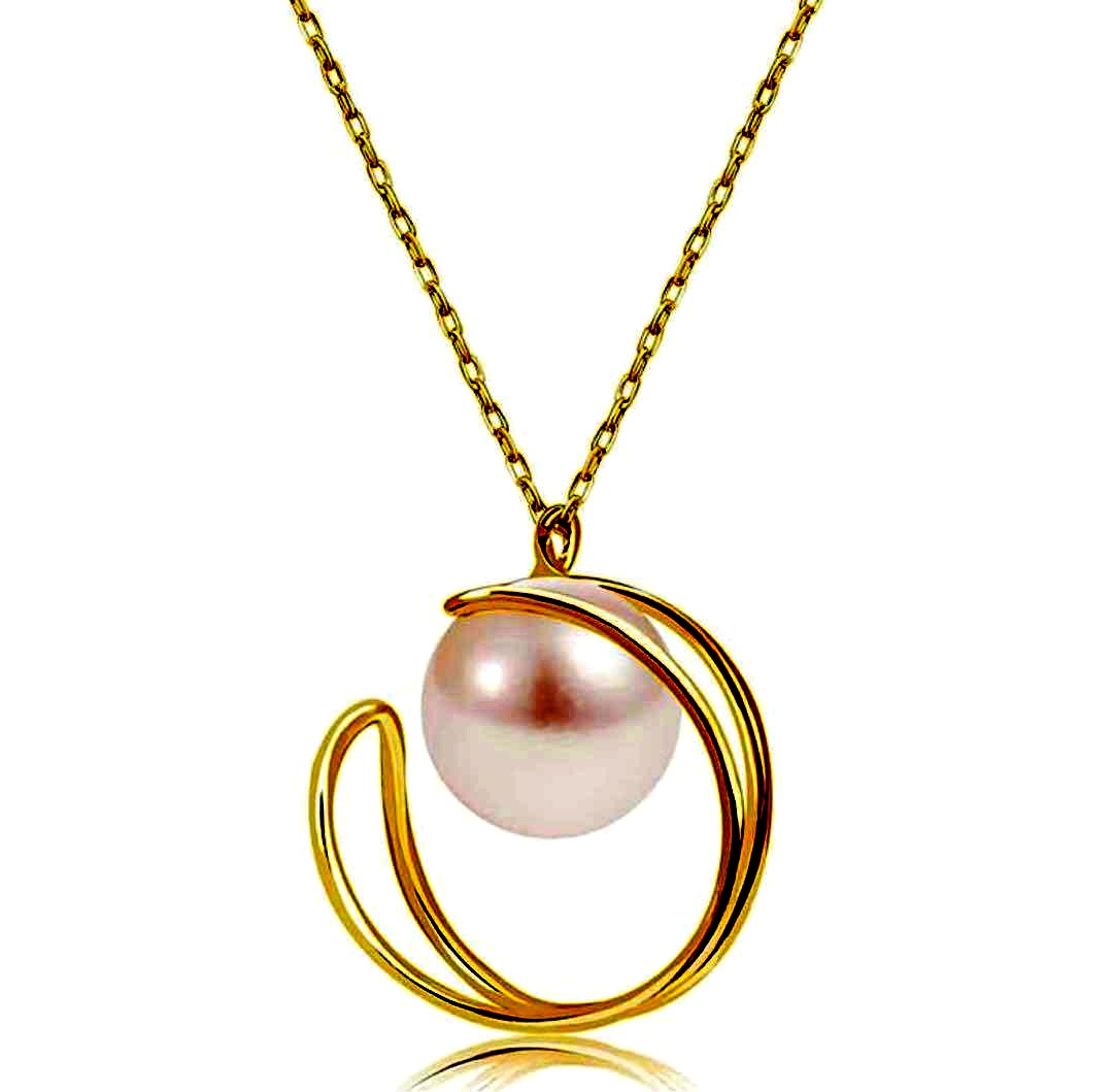 Akoya pearl necklace for women with single pearl moon motif pendant in 18K yellow gold on adjustable chain