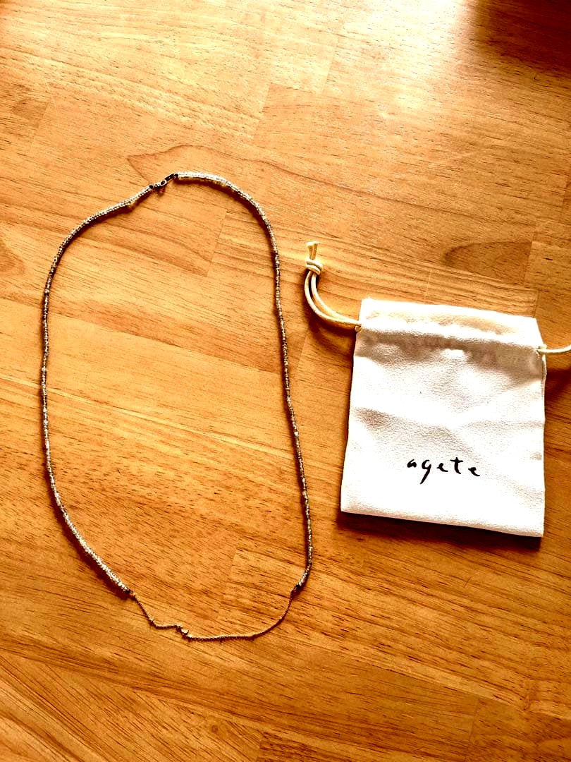 Agete silver long necklace with gray labradorite stone and K10 gold clasp with engraving
