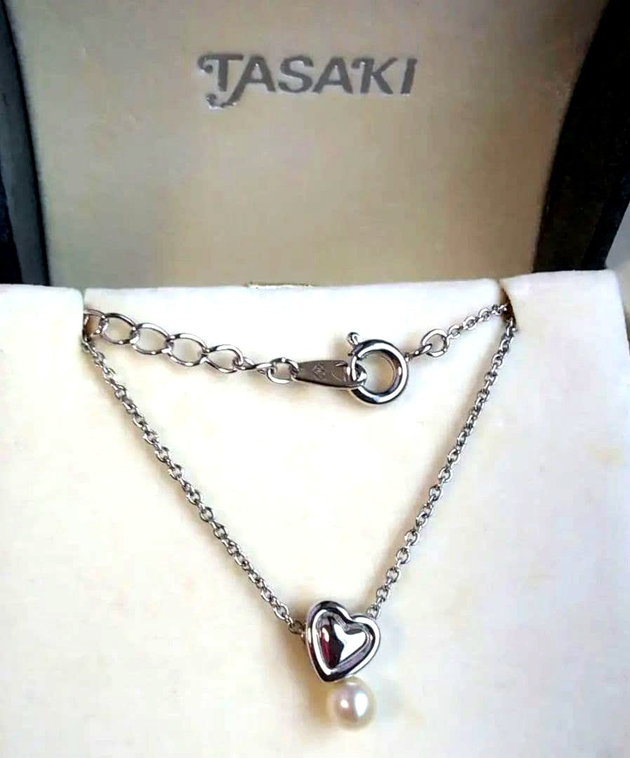 TASAKI heart-shaped silver necklace with a single pearl pendant on adjustable 38-42cm chain