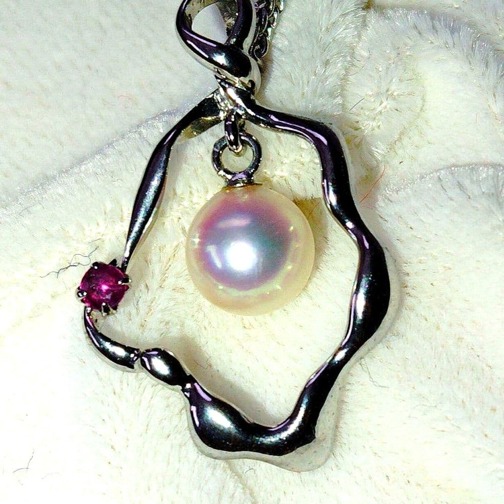 New Beautiful Ise Akoya genuine 7mm pearl pendant with ruby on 40 cm silver 925 necklace with lobster clasp