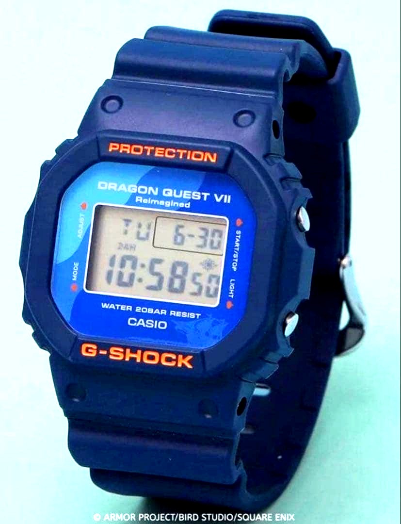 Casio Dragon Quest VII G-Shock DW-5600 navy watch with blue orange accents and slime backlight