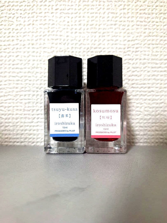 Pilot Iroshizuku 15ml two-bottle set of fountain pen ink in Tsuyu-kusa and Kosumosu colors unused