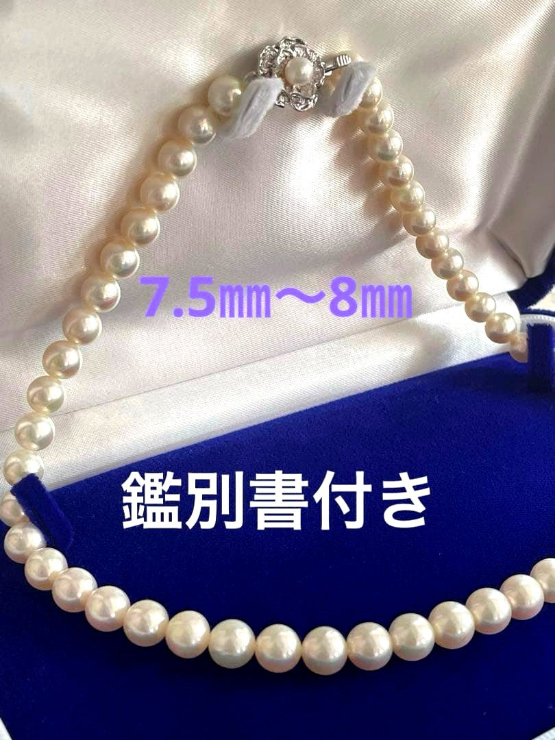Akoya pearl necklace with 7.5-8mm white pink pearls and silver clasp displayed on white background