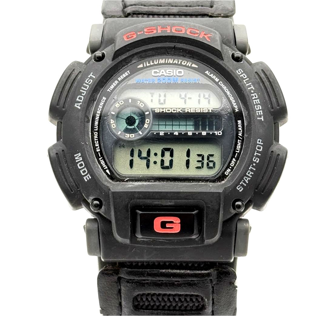 Casio G-Shock DW-9000 digital black watch showing front view with display and case