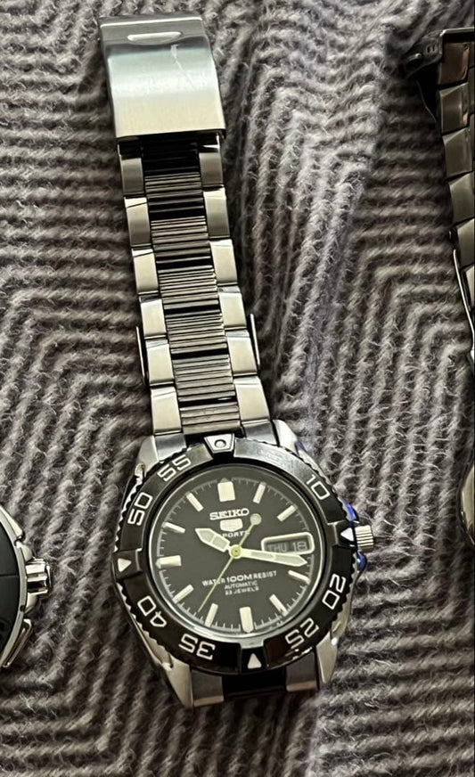 SEIKO 5 Sports Black Bezel Silver Bracelet Automatic Men's Watch — Japanese