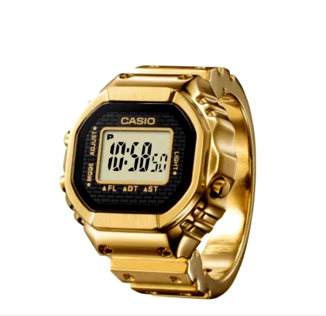 Casio Ring Watch CRW-001G-9JR with gold-tone case and black band, showing analog dial and LED backlight features