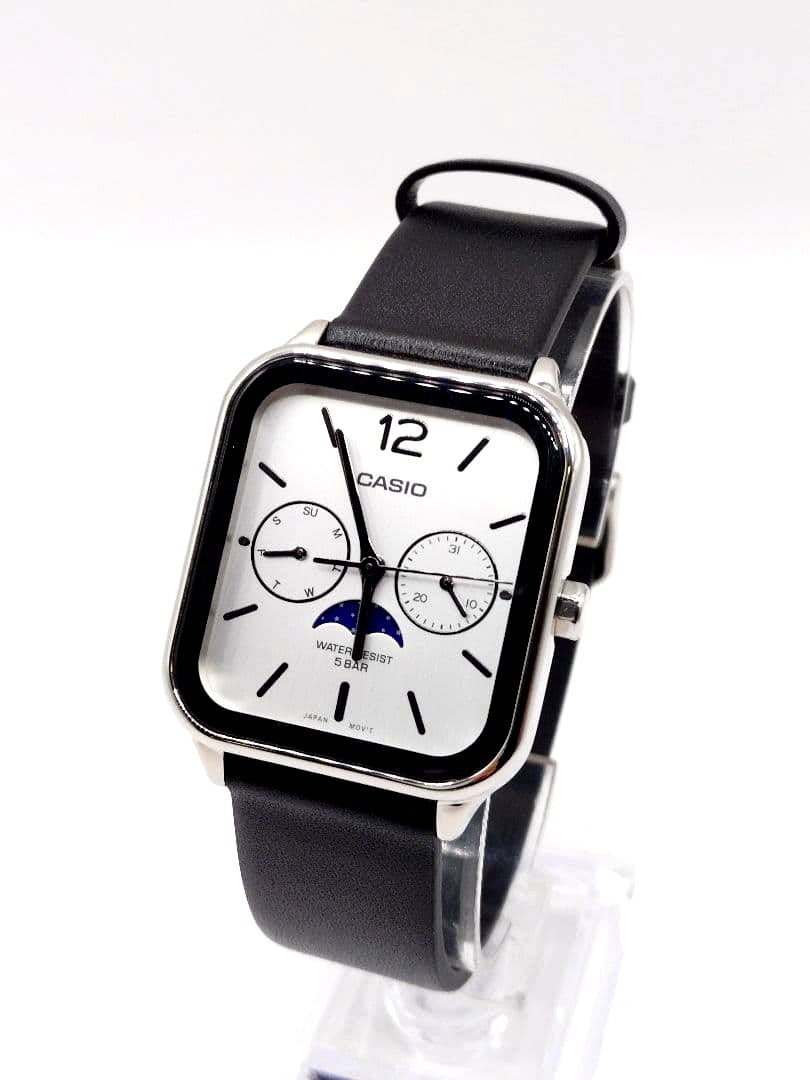 Used Casio Moon Phase MTP-M305L watch showing the dial with moon phase indicator and metal strap