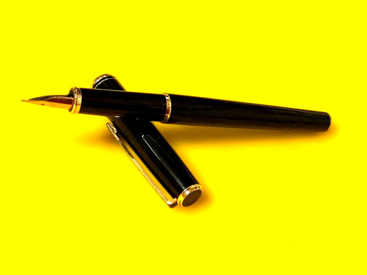 14K Gold Nib PILOT Fountain Pen in black and gold with commemorative Japanese engraving on barrel