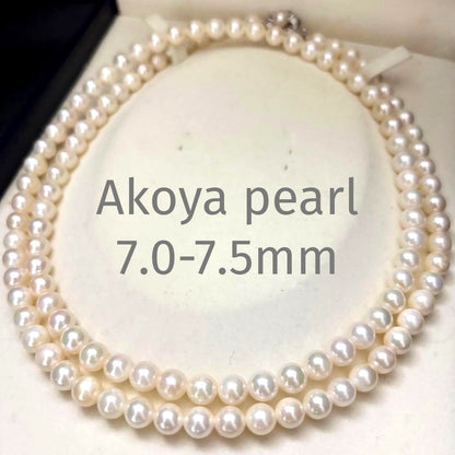 Long Akoya pearl necklace with two strands of round white pearls 7.5mm in size