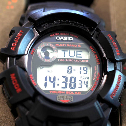 Used Casio G-Shock Fire Package 24 GW-2320FP-1A4JR watch showing band wear and functional display