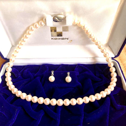 Akoya genuine pearl necklace and matching earrings set in silver white gold with 7-7.5mm pearls
