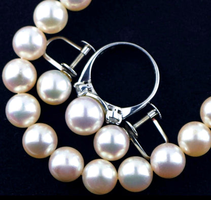 Akoya pearl jewelry set with 8.0mm necklace, pt900 diamond ring, and Pt850 earrings