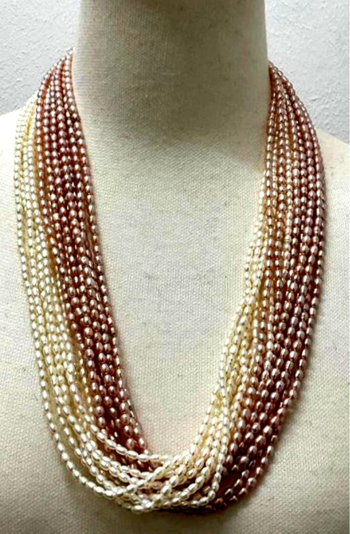 Kuro Pearls 16-strand freshwater pearl necklace with pink white K14WG clasp, approximately 60 cm long