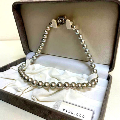 Akoya pearl necklace with natural blue gray pearls sized 8.1 to 8.7mm and silver clasp on 47cm chain
