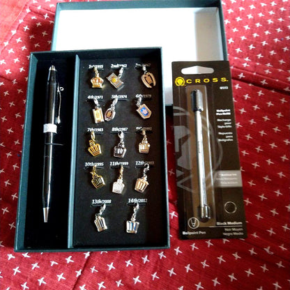 Crown brand black ballpoint pen with included gift box and replacement ink cartridges