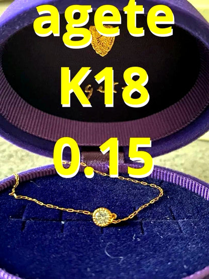 Agete K18 gold necklace featuring a 0.15-carat single diamond with milgrain detail on a 45cm slide chain