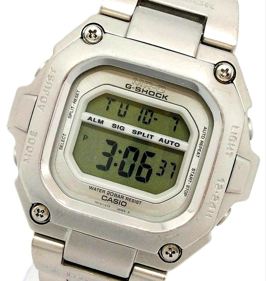 Casio G-Shock MRG-110 quartz watch with silver dial and stainless steel case showing front view