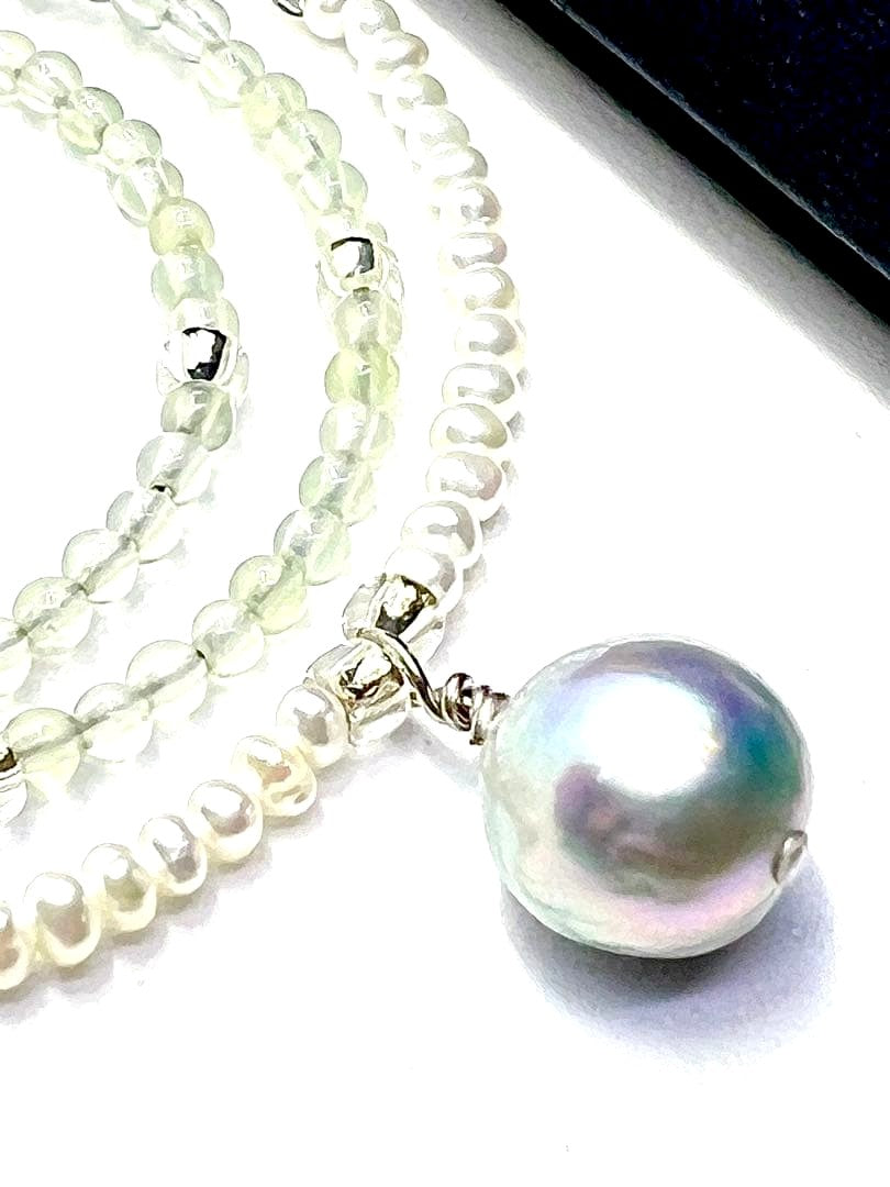 Akoya pearl necklace featuring natural blue pearl and prehnite stones on adjustable 40-45cm chain