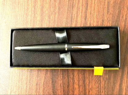 Cross ballpoint pen with matte black body and silver clip shown on white background