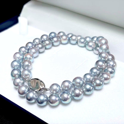 Akoya pearl necklace with 8.1-8.4mm gray pearls on a 43cm silver fastener chain