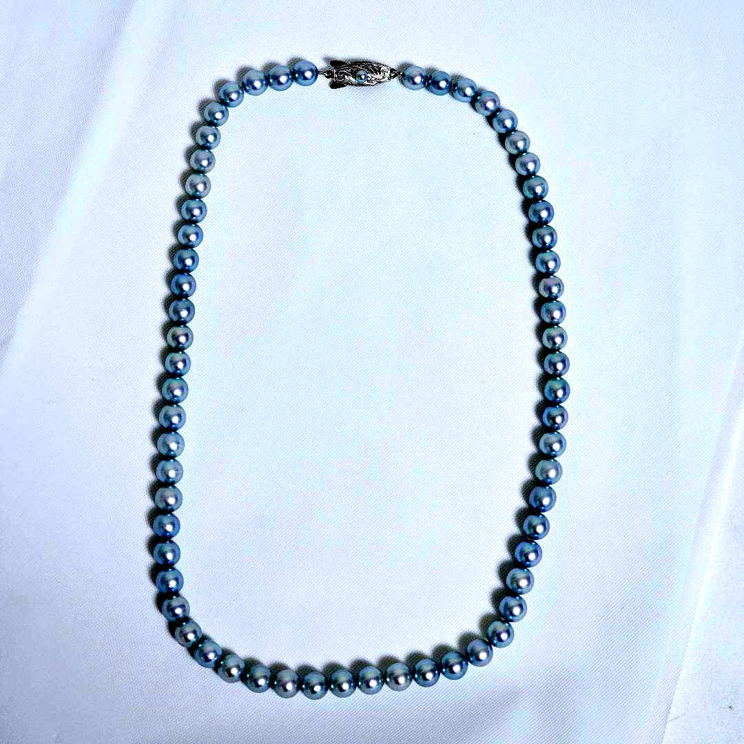Tasaki Pearl Blue Necklace featuring 43cm length and 6.5 to 6.8 mm round blue pearls weighing 27g