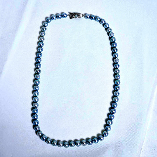 Tasaki Pearl Blue Necklace featuring 43cm length and 6.5 to 6.8 mm round blue pearls weighing 27g