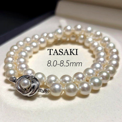 Odawa Tasaki Akoya pearl necklace with 8.5mm genuine pearls and 42 cm length displayed on white background