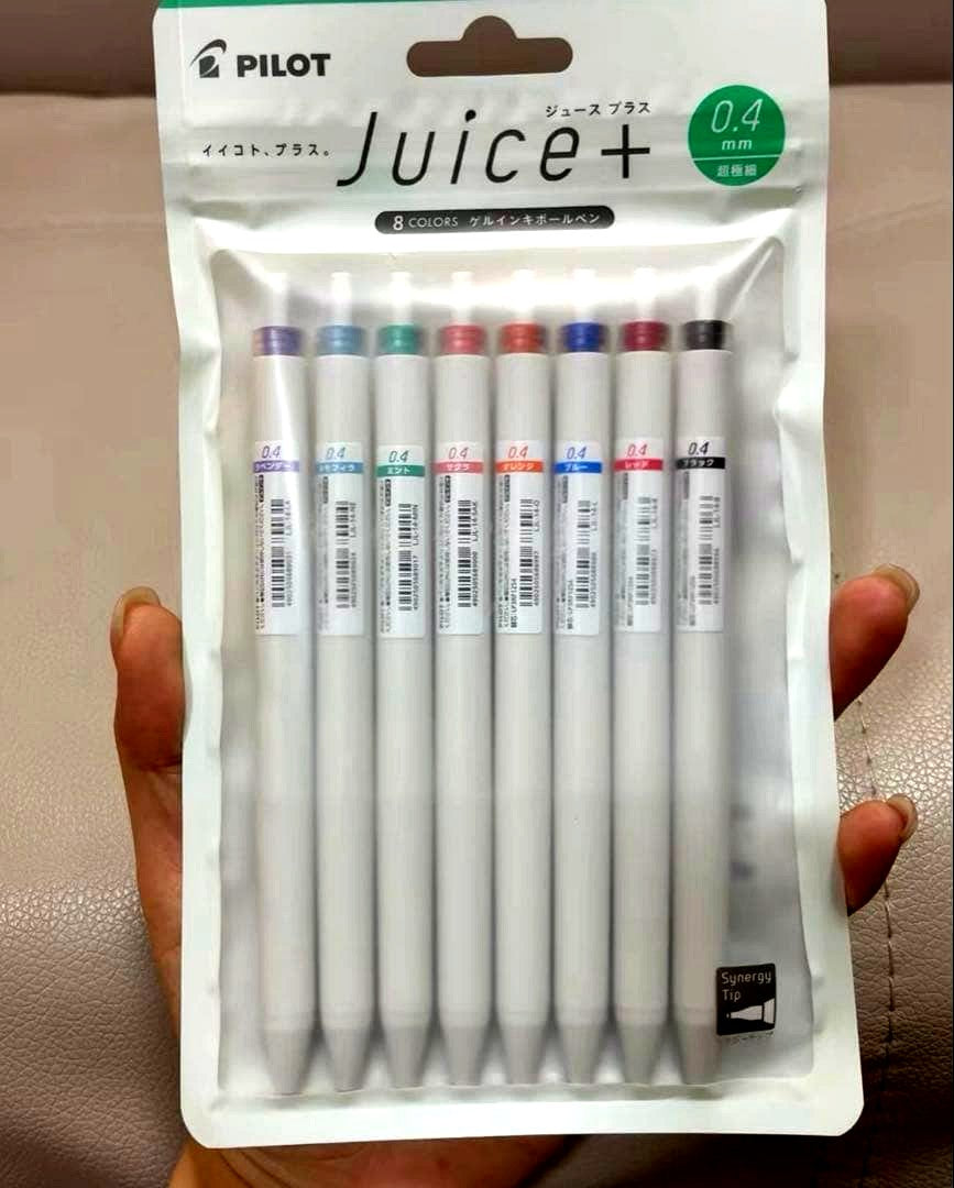 Set of 8 PILOT Juice+ 0.4mm ballpoint pens in multicolored ink including pink, blue, green, and purple