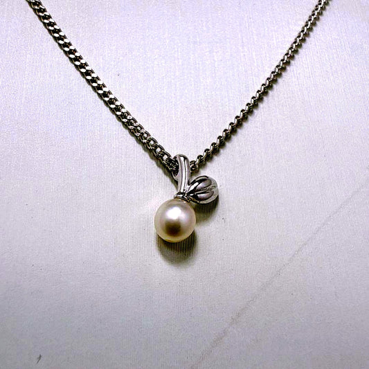 Tasaki Silver pendant necklace with single pearl and cherry fruit design on 41cm metal chain