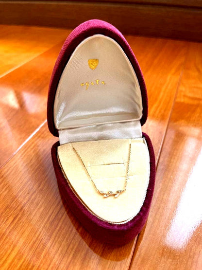 Agete Laurel Leaf Necklace in gold metal displayed with its case on a white background