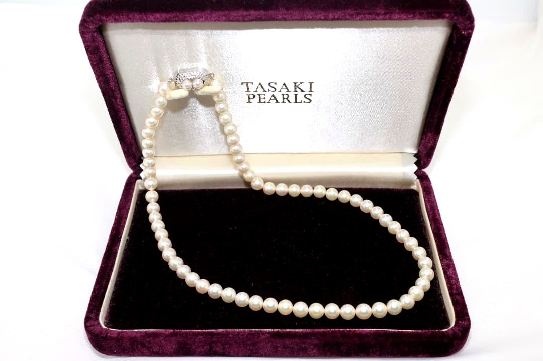 Tasaki pearl necklace featuring genuine 6.2mm pearls with impressed markings on a 42.5cm strand