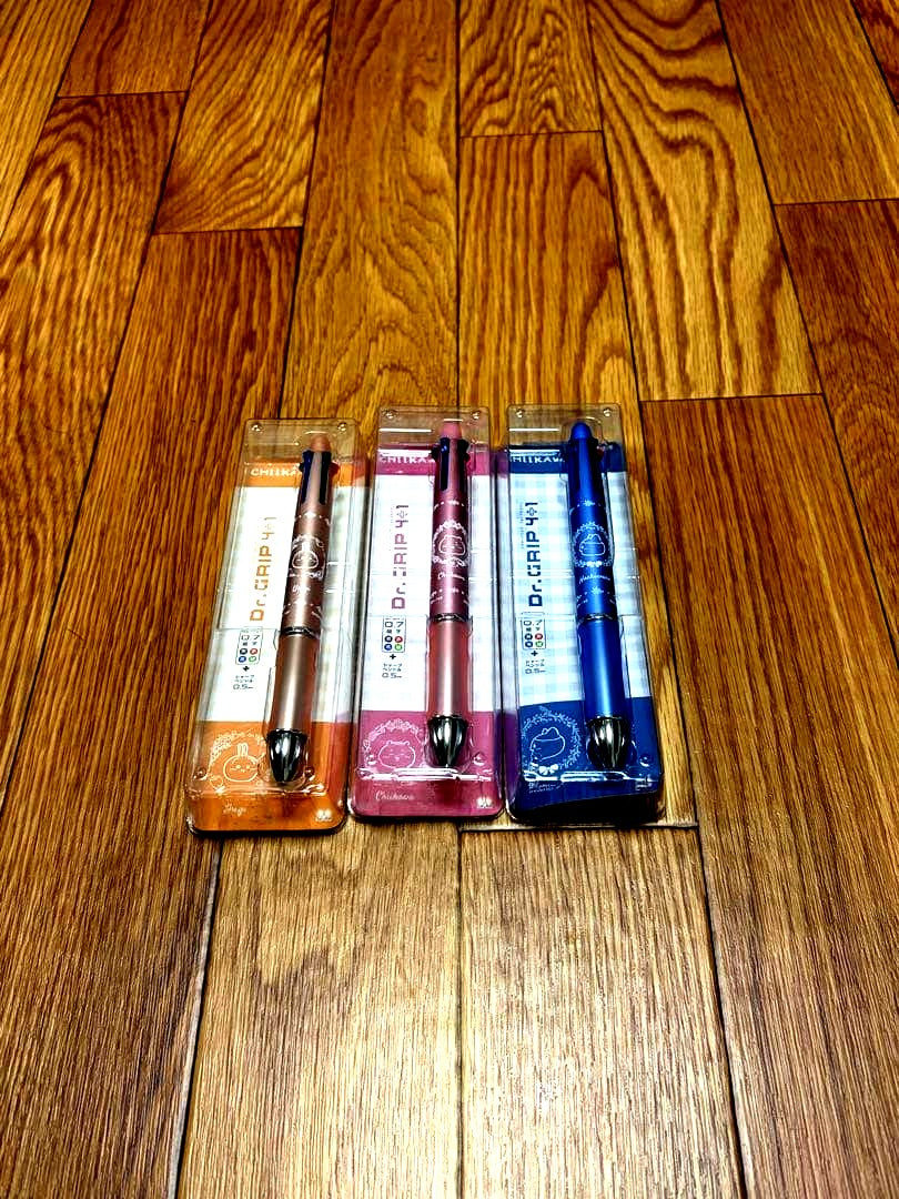Set of three PILOT Dr.Grip 4+1 Chiikawa multi-function pens with ergonomic design and four-color ballpoint plus mechanical pencil
