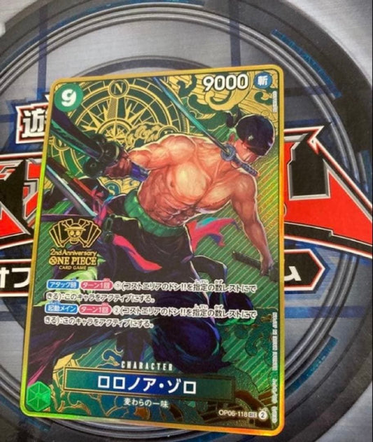 One Piece Roronoa Zoro 2nd Anniversary Parallel Promo Card from Japan, showing front artwork and details