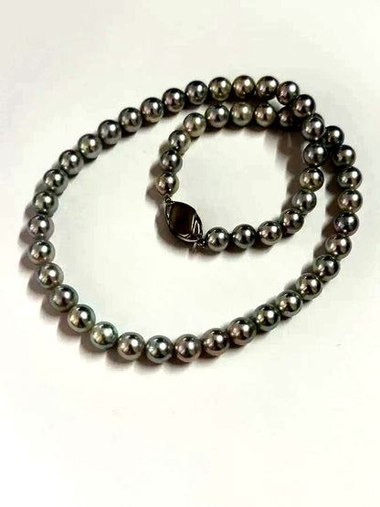 Akoya pearl necklace with blue tone pearls sized 7.5-8.0mm and silver clasp with certification
