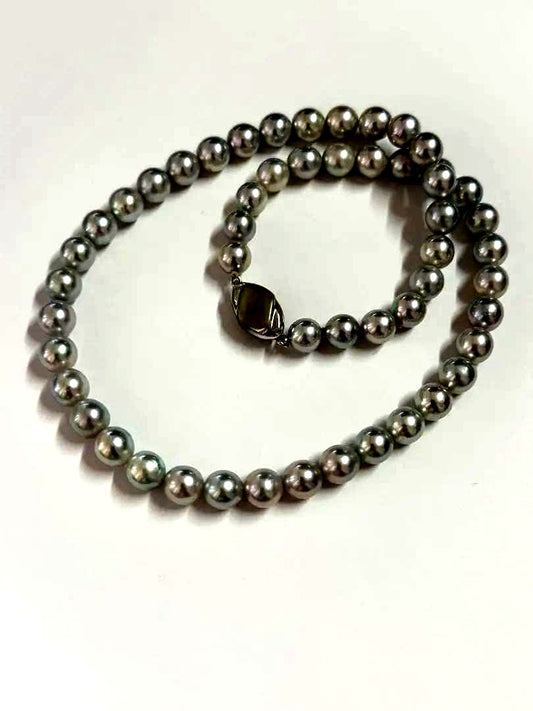Akoya pearl necklace with blue tone pearls sized 7.5-8.0mm and silver clasp with certification