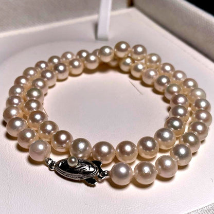 Aqua Pearl Teri-Wrapped Akoya Pearl Necklace with round white pearls 7.0-7.4mm and silver clasp, 41.3 cm long