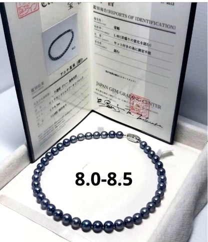 Akoya pearl necklace featuring 8mm semi-round gray pearls with blue and purple hues and silver one-push clasp