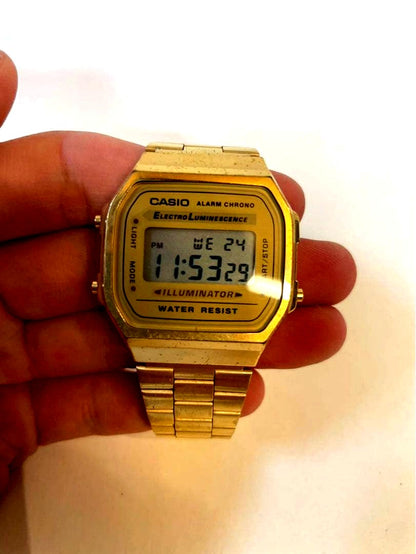 Casio A168 Gold Digital Watch with alarm, chronograph, and stainless steel band from Japan import