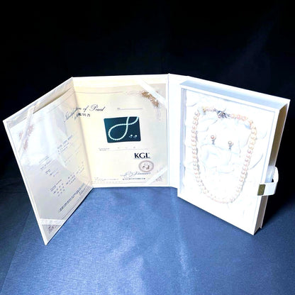 K14 Akoya pearl necklace and matching earrings with round 7.5 to 8mm pearls and silver marking