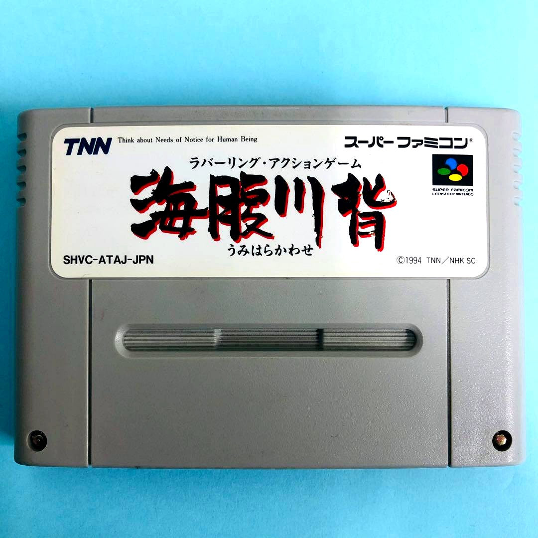 Super Famicom Umi Higawara Gensou game cartridge with visible scratches and small marks