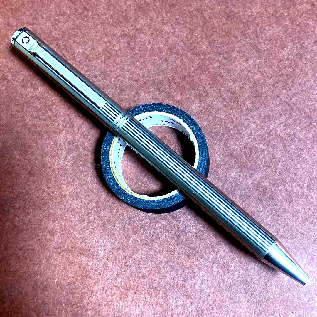 Pilot Hi-Tech Point pen with blue and white stripe pattern, discontinued model.