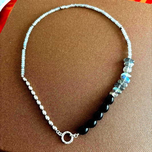 Silver Agat Necklace featuring a polished labradorite stone pendant on a delicate chain
