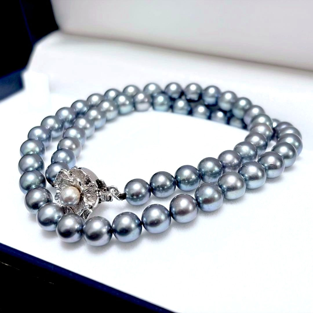 Akoya gray pearl necklace with 7.0-7.5mm pearls and silver clasp approximately 43cm long