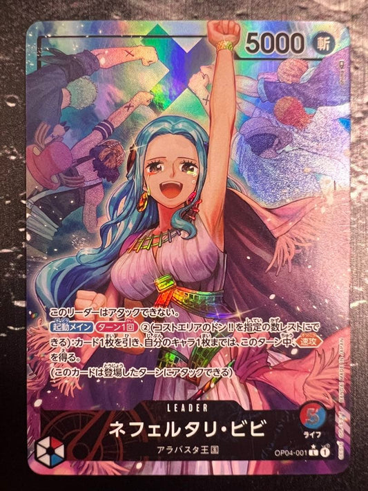 One Piece Nefertari Vivi Leader Card OP04-001 showing character and Arabasta Kingdom affiliation
