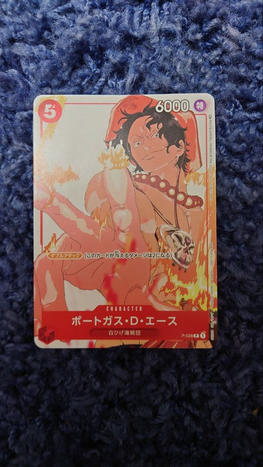 One Piece Portgas D. Ace P-028 card in sleeve with loader and zip lock in cardboard sandwich