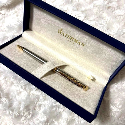 WATERMAN silver metal ballpoint pen with gold decorations and dedicated case featuring boat design