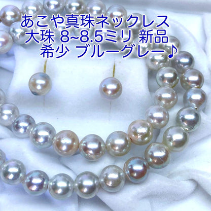 Akoya pearl necklace and earrings set with blue-grey nearly round pearls on silver 925 chain