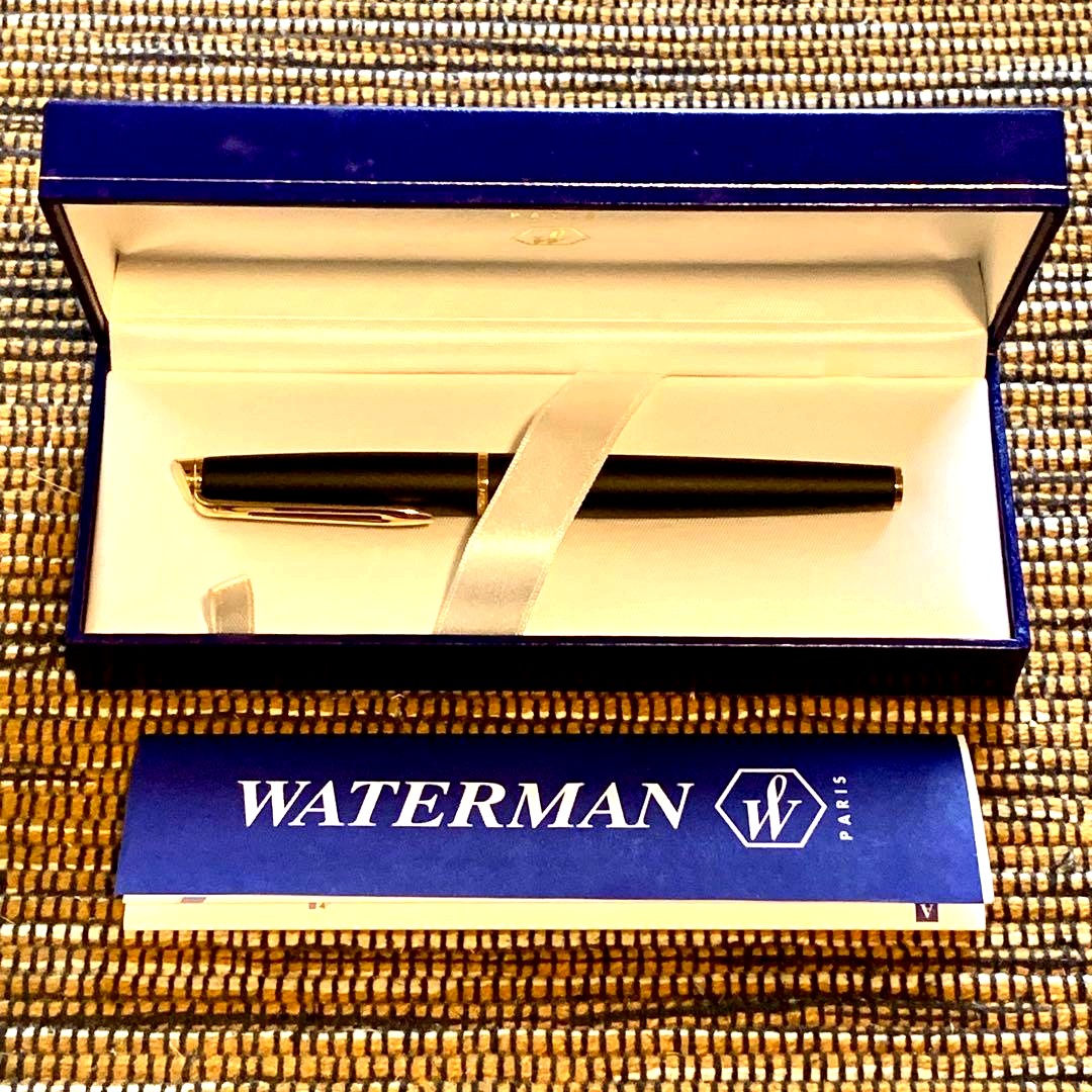 Waterman Hemisphere Matte Black GT fountain pen with gold nib and dedicated case on white background