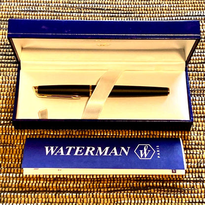 Waterman Hemisphere Matte Black GT fountain pen with gold nib and dedicated case on white background