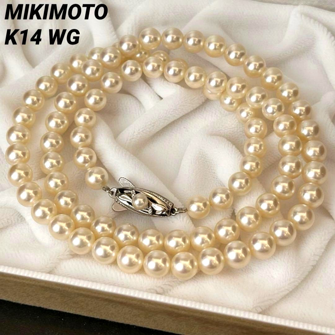 MIKIMOTO K14WG semi-long Akoya pearl necklace with white pearls and white gold clasp, 55cm length